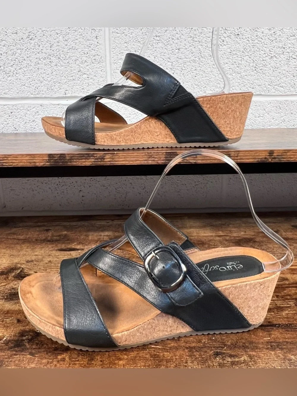 EuroSoft Sandals Emrie Cork Wedge Black Faux Leather Thong Toe Casual Women's 9 - Picture 7 of 11